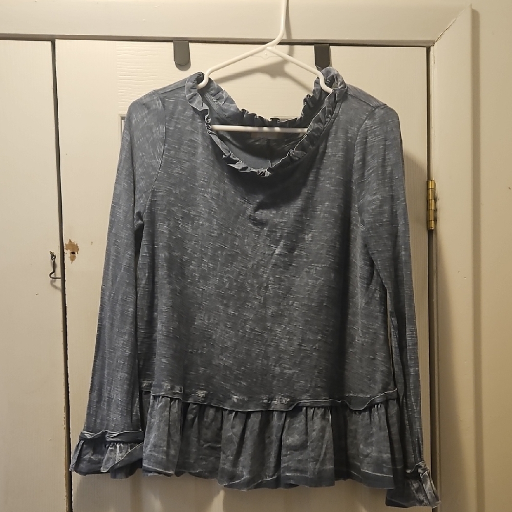 Altar'd State Blue Long Sleeve Ruffled Blouse
